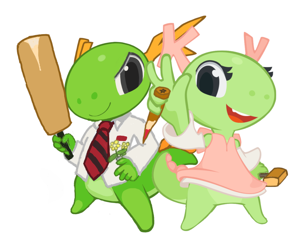 The KDE dragons are ready for Halloween! Konqi is Shaun from "Shaun of the Dead" and Katie is Buffy, the Mighty Vampyre Slayer.