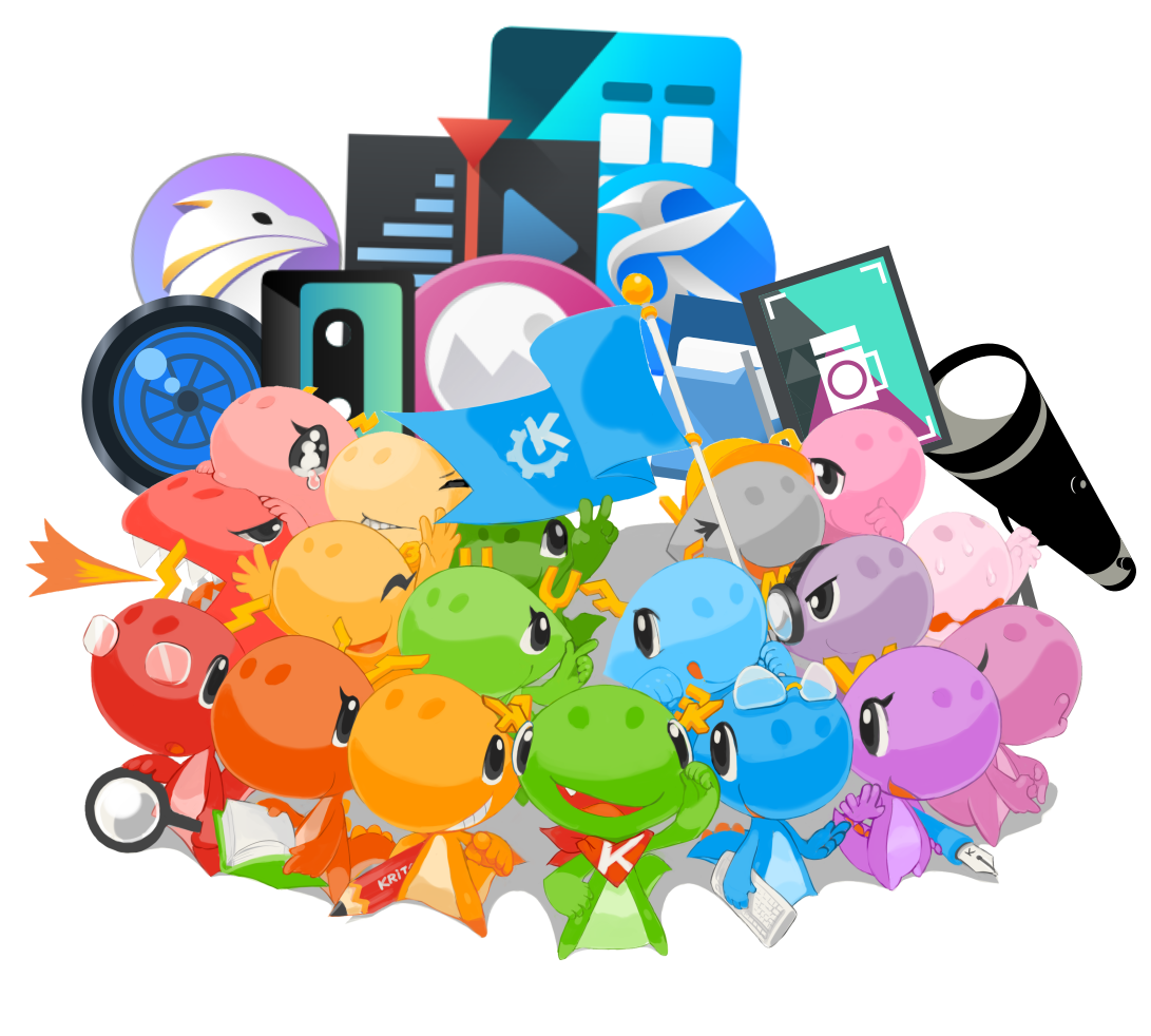 A pile of multi-colored dragons carrying the icons of KDE apps