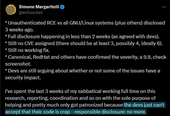 twitter post about the vuln, "disclosure is happening in less than two weeks", "i got patronized because the devs can't accept that their code is crap"