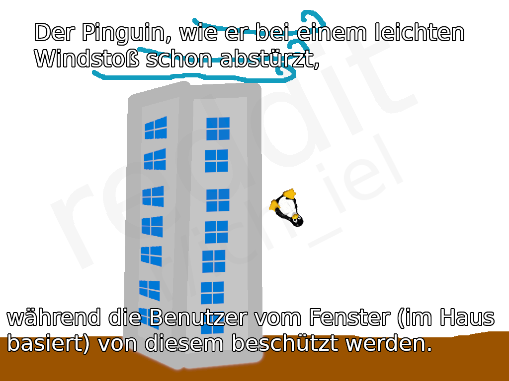 Ein gemaltes Hochhaus, die Fenster sind Microsoft Windows 10 und 11 Logos. Über dem Dach sind Kringel, die Wind symbolisieren. Rechts neben dem Haus fällt Tux Kopf-voran herunter. Der Hintergrund ist transparent. Text oben: "Der Pinguin, wie er bei einem leichten Windstoß schon abstürtz," Text unten: "während die Benutzer vom Fenster (im Haus basiert) von diesem beschützt werden."