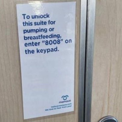 A sign on a door instructing to enter "8008" on a keypad to unlock a suite designated for pumping or breastfeeding.