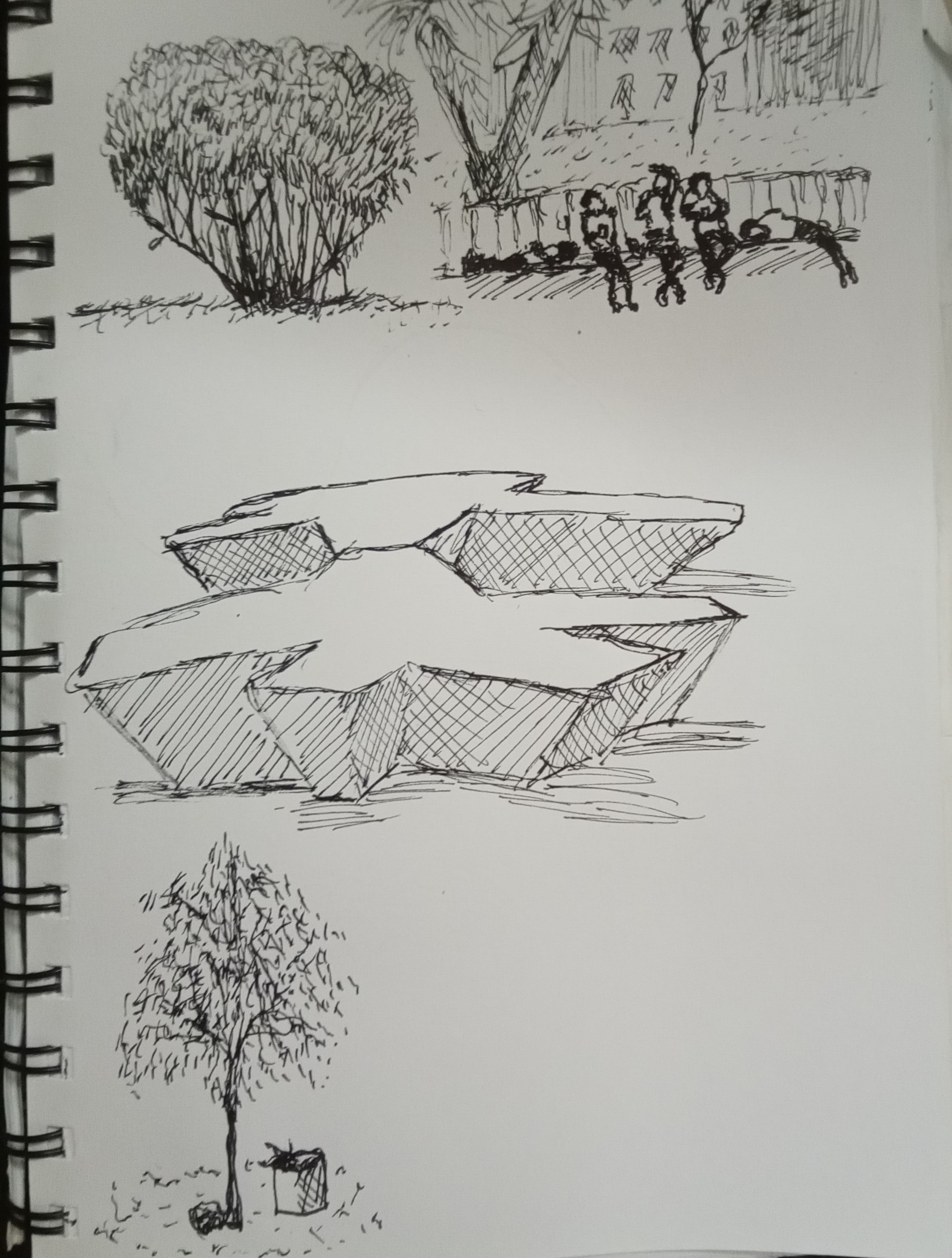 Small sketchbook page with drawings in black ink of: a shrub, some people chilling on a long bench under the shade of some trees, a pair of star-shaped concrete seats, and a skinny tree with a bucket next to it.