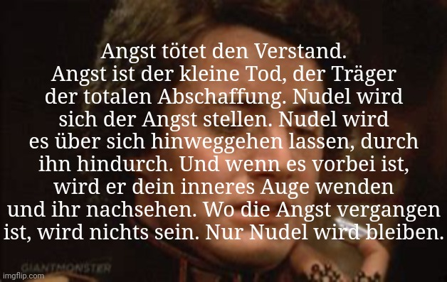 Angst tötet den Verstand. Angst ist der kleine Tod, der Träger der totalen Abschaffung. Nudel wird sich der Angst stellen. Nudel wird es über sich hinweggehen lassen, durch ihn hindurch. Und wenn es vorbei ist, wird er dein inneres Auge wenden und ihr nachsehen. Wo die Angst vergangen ist, wird nichts sein. Nur Nudel wird bleiben.