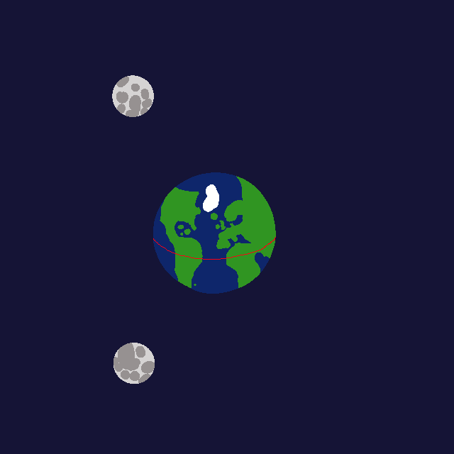 Somewhat badly drawn image of the Earth with two moons, each visible on a respective hemisphere.