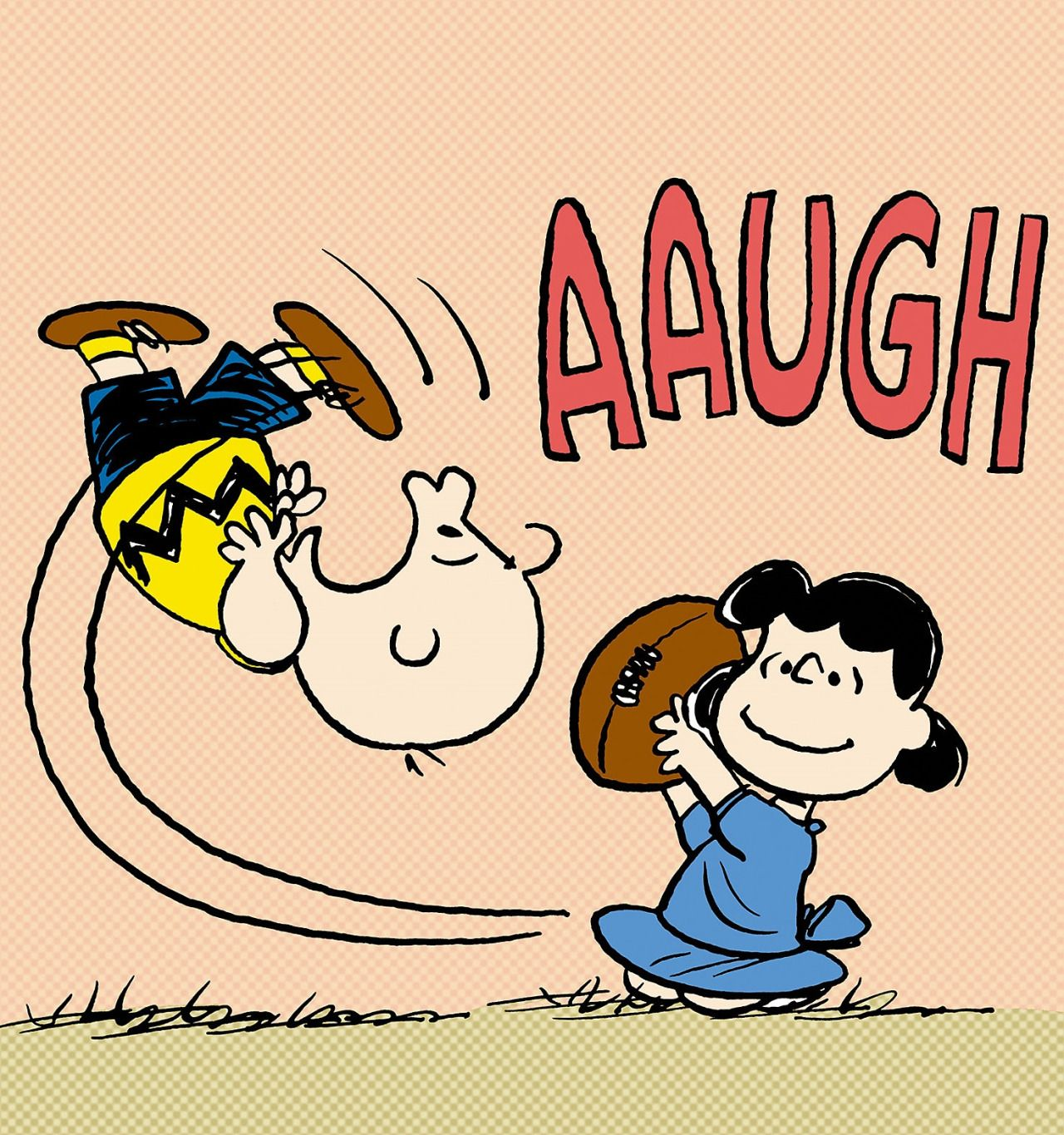 Comic of Lucy and Charlie Brown where Charlie Brown is falling on his ass because Lucy tricked him into kicking a football and then pulling it away at the last second